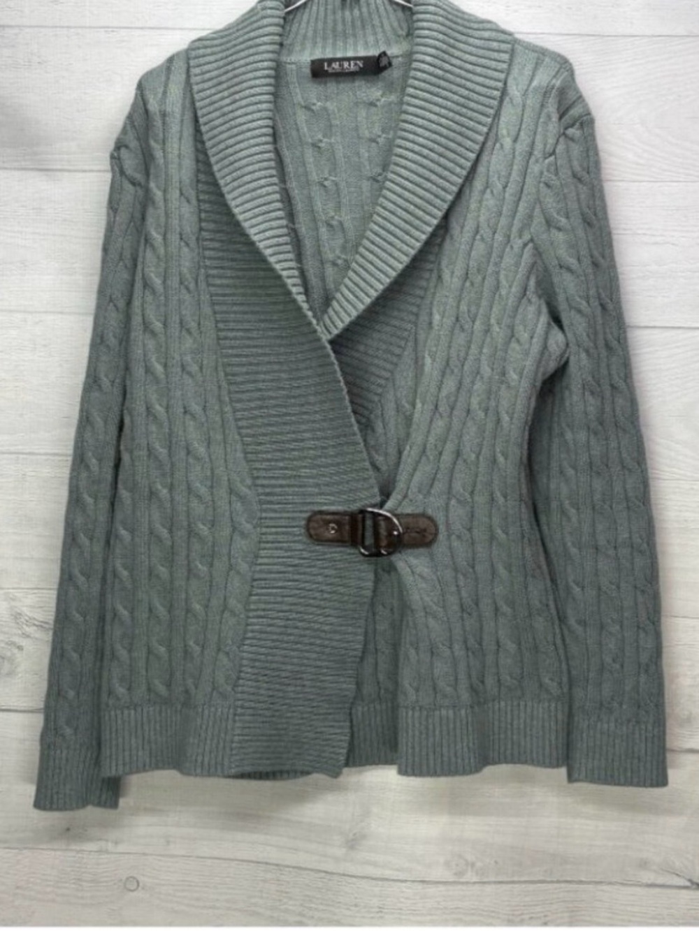 Lauren Ralph Lauren Cardigan Women XL Sage Cable Knit Cotton Shawl Collar Buckle